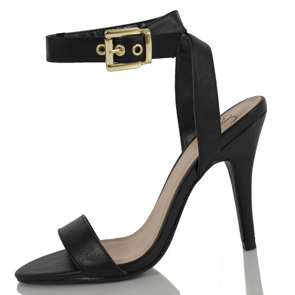 Shoes - Black Faux Leather Wide Strap Halter Heel Sandal